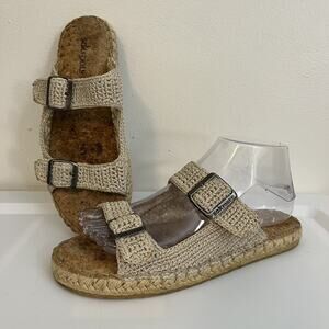 Sakroots Slide Cork Crochet‎ Metallic Tan Thread Buckle Mandy Sandals Size 8